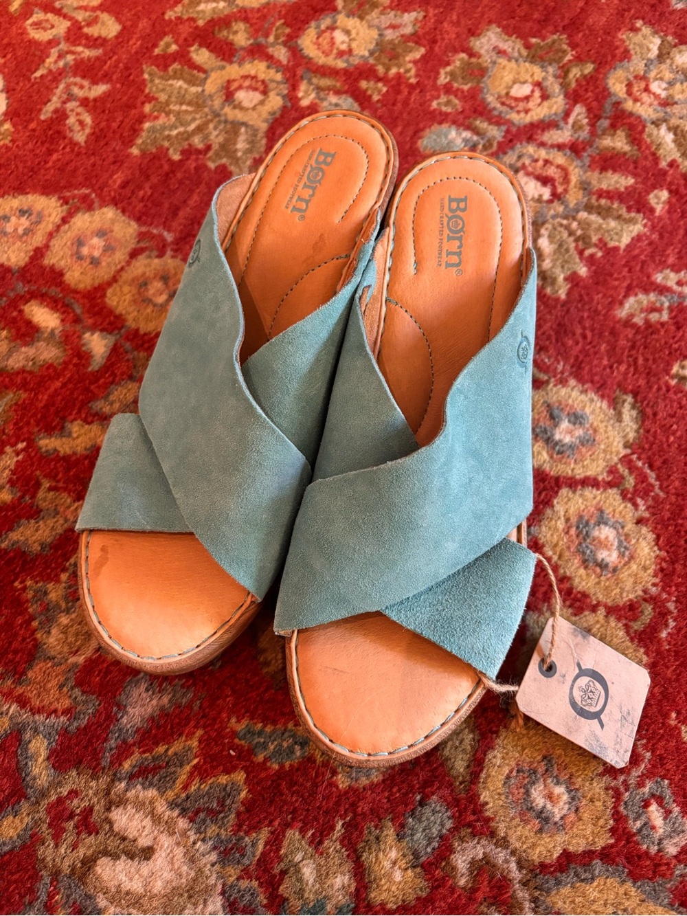 Born Women's Turquoise Leather Suede Nora Crisscross Wedge Slide Sandals